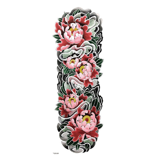 Full arm temporary tattoo sticker with a black, red, and light blue tribal design, featuring abstract shapes and patterns. - Image 41