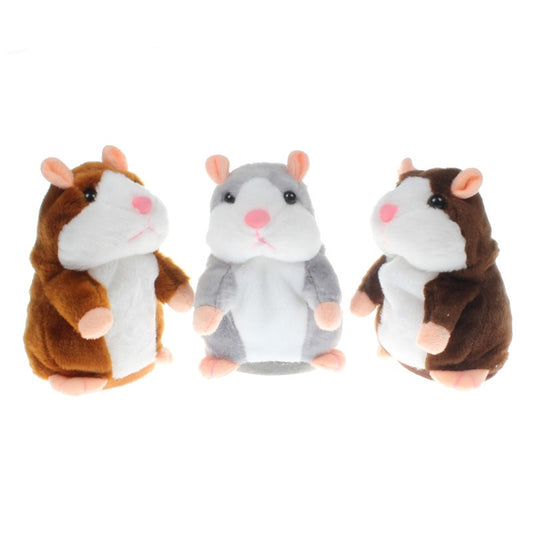 Brown and white plush talking hamster toy with pink nose and ears, standing upright on a white surface.