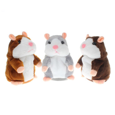 Brown and white plush talking hamster toy with pink nose and ears, standing upright on a white surface.