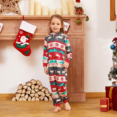 Family of four wearing matching red, teal, and grey Christmas one-piece pajamas with reindeer and snowflake patterns. - Image 2