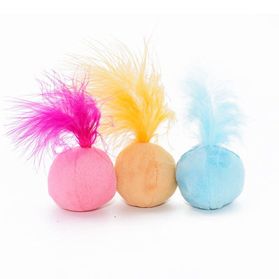 Pink plush ball cat toy with bright fuchsia feathers on top, designed to entice cats for playful interaction. - Image 4