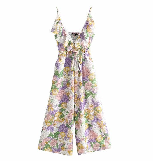 Jumpsuit Morado con Estampado Dream y Volantes con Tirantes
