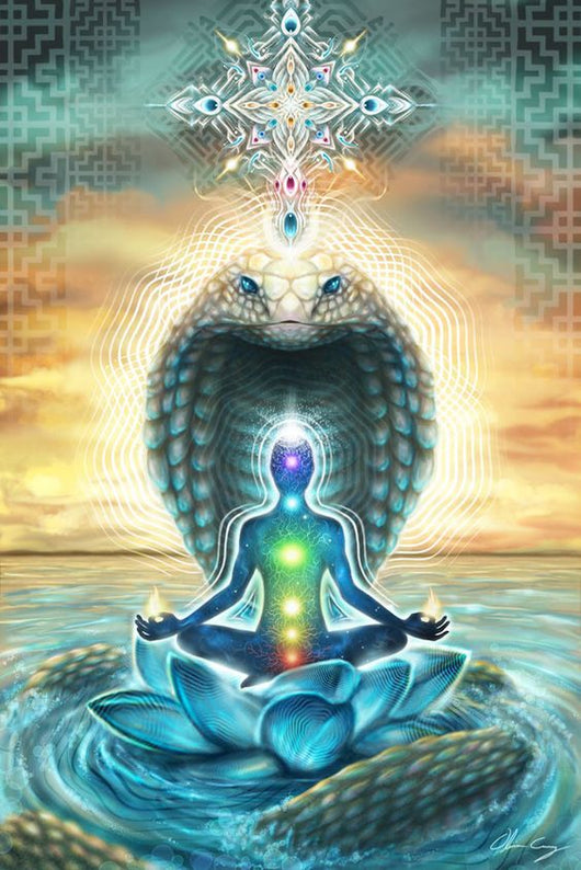 Vibrant lotus meditating tapestry with a figure in a yoga pose, chakras, and a cobra, in blue, green, orange, and yellow. - Image 4