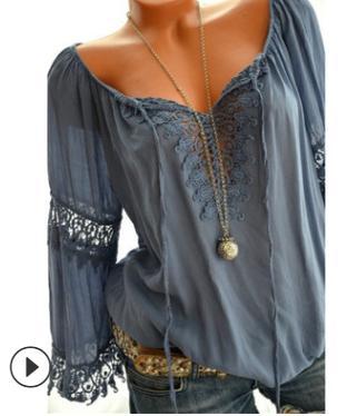 Blusa Asimétrica de Algodón y Lino con Encaje de Manga Larga - Image 13
