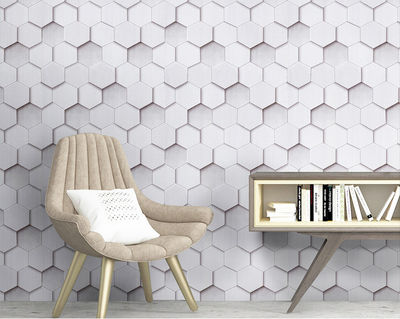 Roll of peel and stick wallpaper with a white and light gray geometric hexagonal pattern, creating a 3D effect. - Image 4