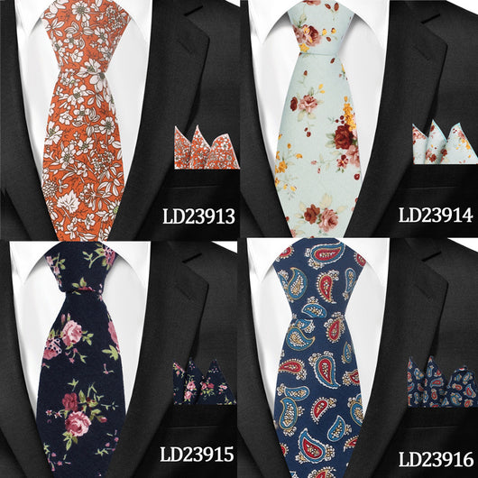 Corbata Casual de Algodón con Estampado Floral 6cm + Pañuelo de Bolsillo - Image 28
