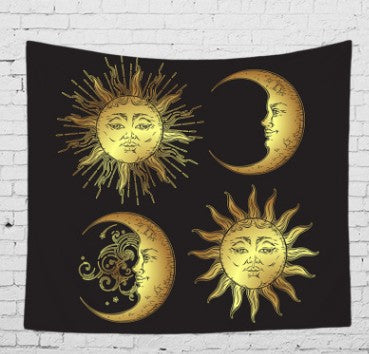Bohemian sun and moon tapestry with a celestial pattern of golden suns and crescent moons on a dark blue background. - Image 37