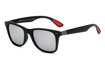 Black frame polarized sunglasses with blue mirrored lenses and blue and red accents on the temples. - Image 8