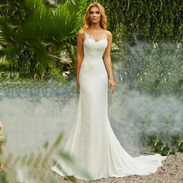 Vestido de Novia Retro Cuello Redondo con Detalle de Cola Sexy