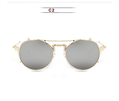 Round frame sunglasses with light blue mirrored lenses and a gold-tone metal frame, featuring a double bridge. - Image 13