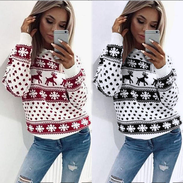 Suéter Navideño para Mujer con Diseño de Reno - Manga Larga Otoño Invierno