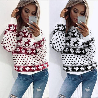 Suéter Navideño para Mujer con Diseño de Reno - Manga Larga Otoño Invierno
