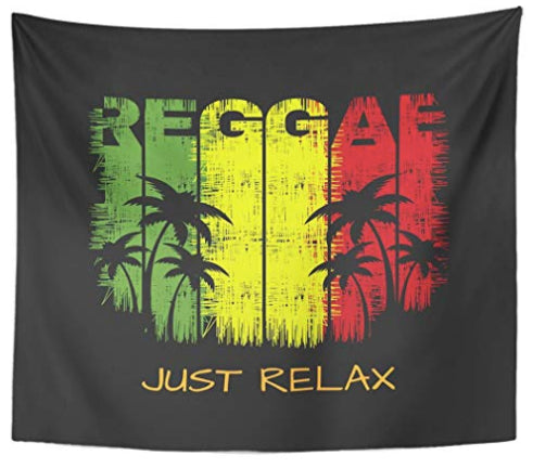 Reggae tapestry with distressed green, yellow, red text, palm tree silhouettes, and "JUST RELAX" slogan on dark gray.