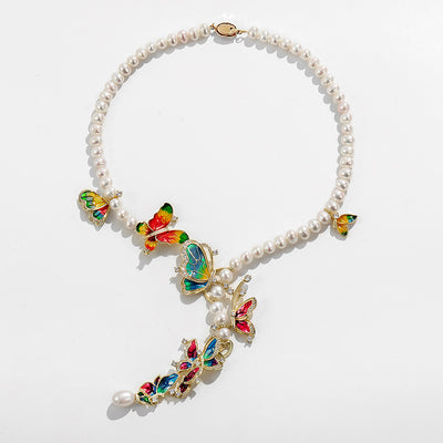Conjunto de Tres Piezas: Collar, Anillo y Aretes de Perla de Agua Dulce con Diseño de Mariposa - Image 7