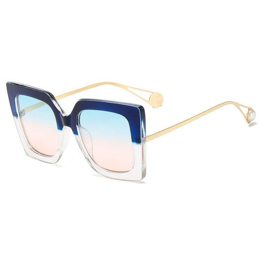 Women's black square frame sunglasses with blue gradient lenses and gold metal temples featuring a pearl accent. - Image 16