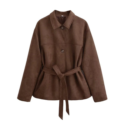 Chaqueta Camisa Polo Suede con Cinturón - Manga Larga Oversize - Image 19