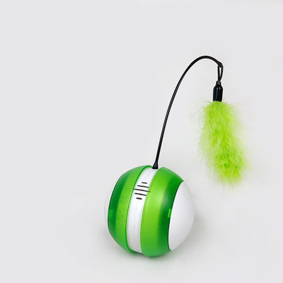 Purple and white interactive cat toy ball with a black wand and fluffy purple feathers. - Image 4