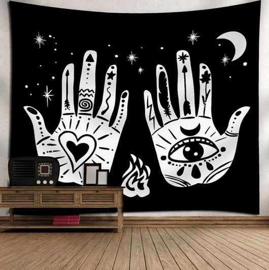 Bohemian sun and moon tapestry with a celestial pattern of golden suns and crescent moons on a dark blue background. - Image 43