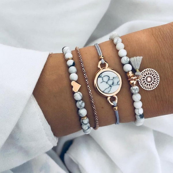 Pulsera de Piedra Pine Geométrica Hueca con Flecos - Juego de 4 Piezas