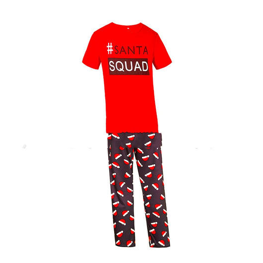 Matching family Christmas pajamas with red long-sleeve tops reading "#SANTA SQUAD" and black pants with a red Santa hat pattern. - Image 4