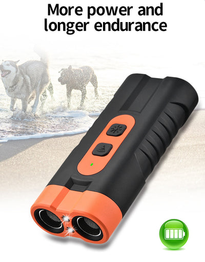 Black and orange handheld ultrasonic dog repellent with two sound emitters and two control buttons. - Image 9