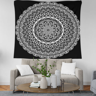 Vibrant mandala galaxy tapestry wall hanging with colorful geometric abstract pattern, displayed above a sofa. - Image 6