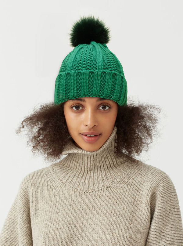 Gorro Tejido de Invierno con Pompón de Pelaje Sintético para Mujer