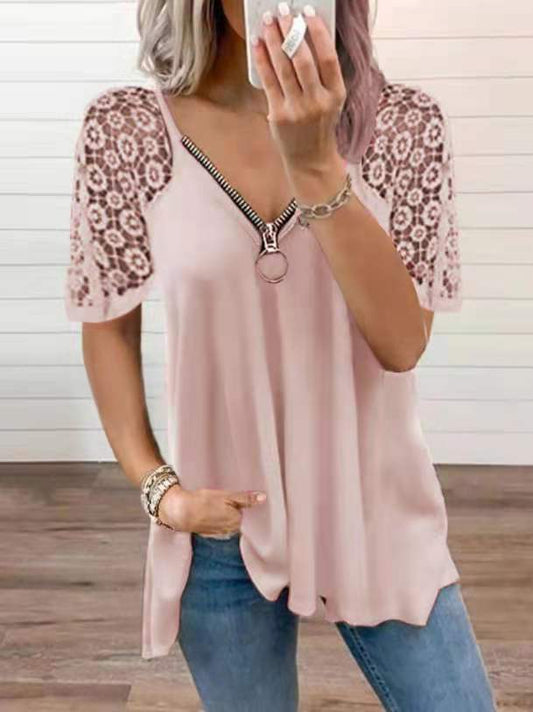 Camiseta Suelta de Manga Corta con Costura de Encaje - Image 2