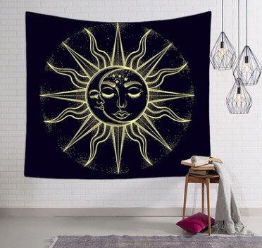 Bohemian sun and moon tapestry with a celestial pattern of golden suns and crescent moons on a dark blue background. - Image 39