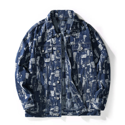 Chaqueta Denim Jacquard para Hombre Estilo Retro Japonés con Detalles Rotos - Image 3