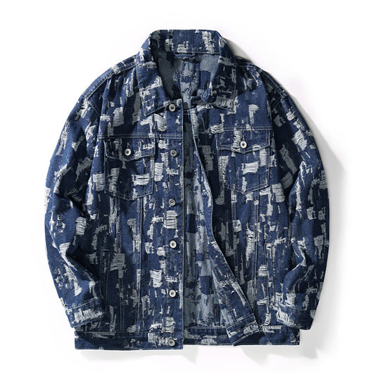 Chaqueta Denim Jacquard para Hombre Estilo Retro Japonés con Detalles Rotos - Image 3