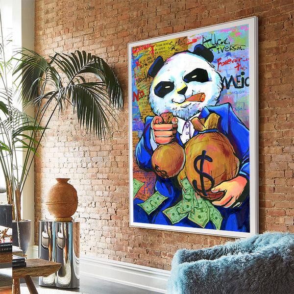Cuadro Canvas Panda Morado - Arte Divertido con Bolsa de Dinero