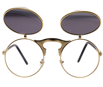 Retro flip-up sunglasses with round dark polarized lenses and a gold-tone metal frame with dark red temples. - Image 3
