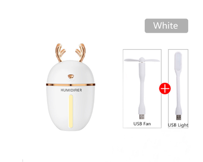 Pink deer-shaped ultrasonic humidifier with gold antlers, a white USB fan, and a white USB light. - Image 11