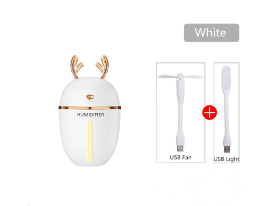 Pink deer-shaped ultrasonic humidifier with gold antlers, a white USB fan, and a white USB light. - Image 11