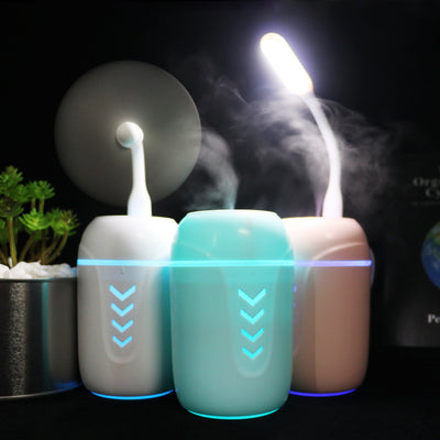 Light blue portable car humidifier with chevron pattern, white USB LED light, and white USB mini fan. - Image 5