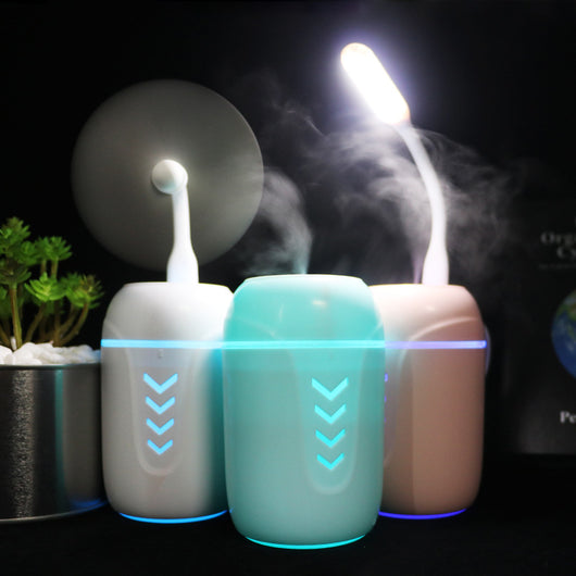 Light blue portable car humidifier with chevron pattern, white USB LED light, and white USB mini fan. - Image 5