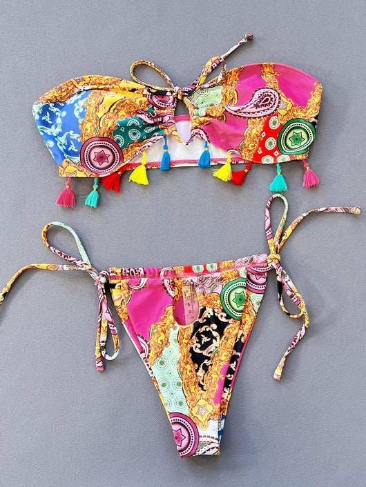 Women's separated tube top bikini with vibrant baroque and paisley print, colorful tassels, and tie-side bottoms. - Image 8