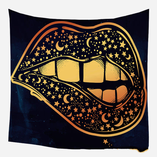 Golden crescent moon and woman silhouette tapestry with a floral crown against a dark blue starry background. - Image 11