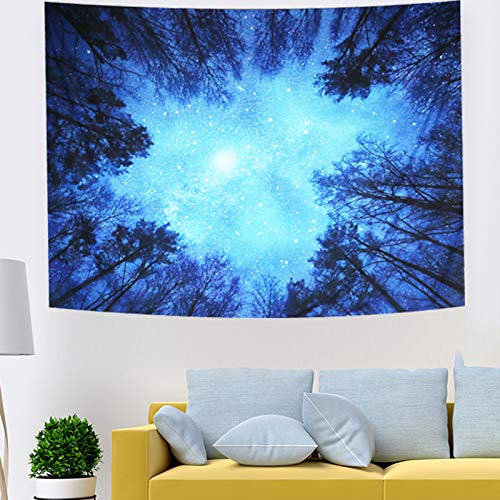 Printed tapestry featuring a vibrant blue starry night sky seen through a dark forest tree canopy. - Image 2