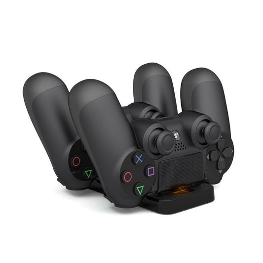 Black dual charging dock for PS4 controllers, with two controllers docked and the charging base shown separately. - Image 2