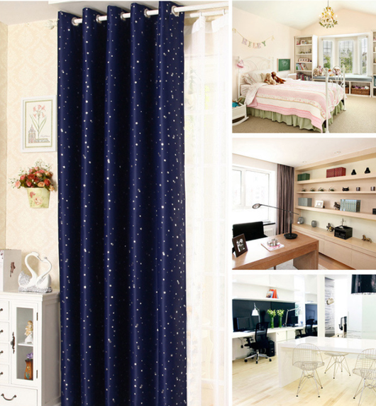 Blue star print curtains tied back to reveal sheer white curtains, in a bright room with a white chair. - Image 14