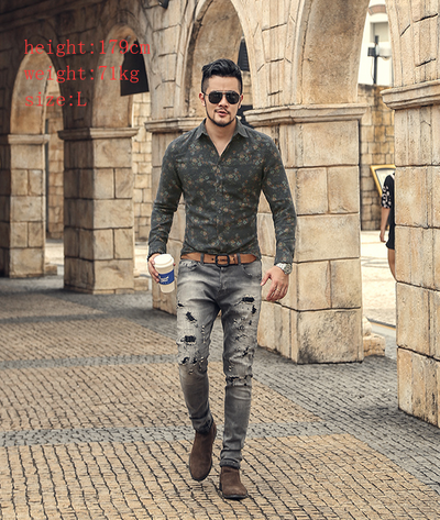 Camisa Estampada Azul Manga Larga Slim Fit Floral para Hombre - Image 8