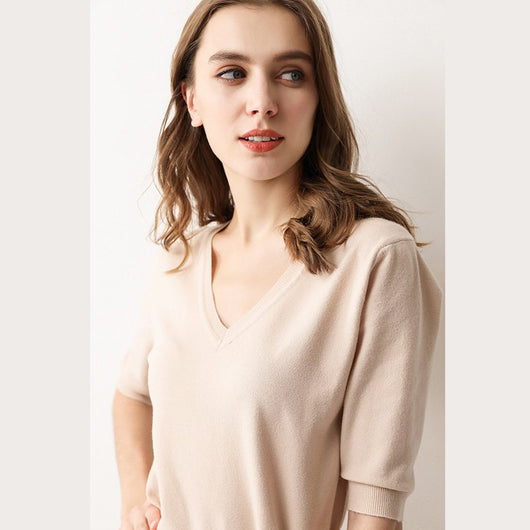 Suéter Tejido Cuello V Manga Corta para Mujer - Image 18