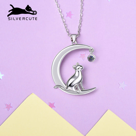 Collar de Plata 925 Gato Luna con Topacio - Cadena Clavícula Minimalista Coreana - Image 2