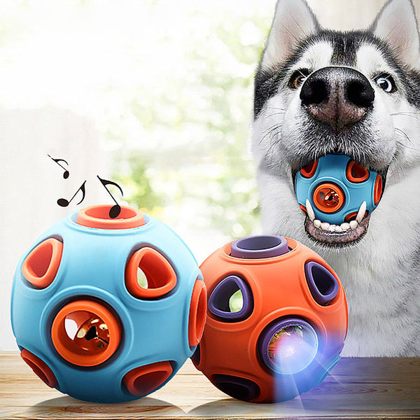 Blue and orange rubber dog toy ball with multiple holes, measuring 40mm in diameter.