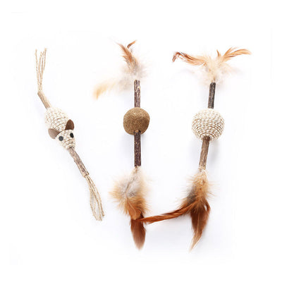 Natural catnip stick toy with a green catnip ball in the center and fluffy brown and white feathers on both ends. - Image 2