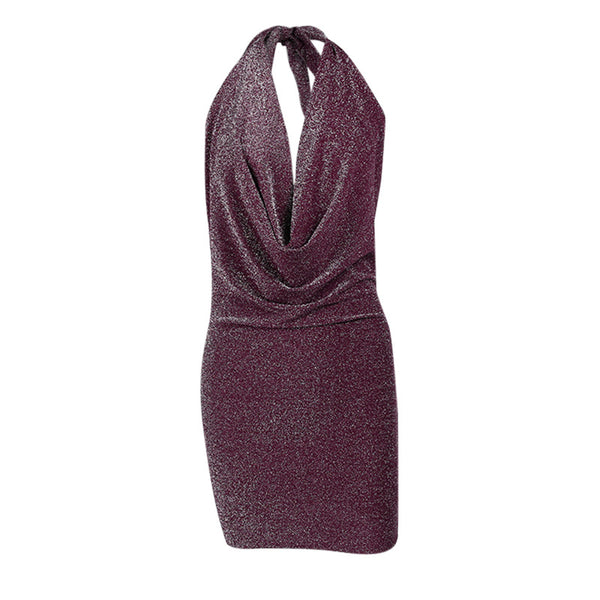 Vestido Halter de Seda Brillante con Bolsillo y Cuello - Falda Ajustada Femenina