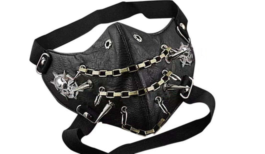 Black leather half-face mask with brass chains, spikes, and gear accents, featuring adjustable elastic straps. - Image 17