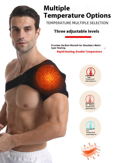 Man wearing a black electric heating shoulder pad with adjustable straps for therapeutic warmth and support. - Image 12